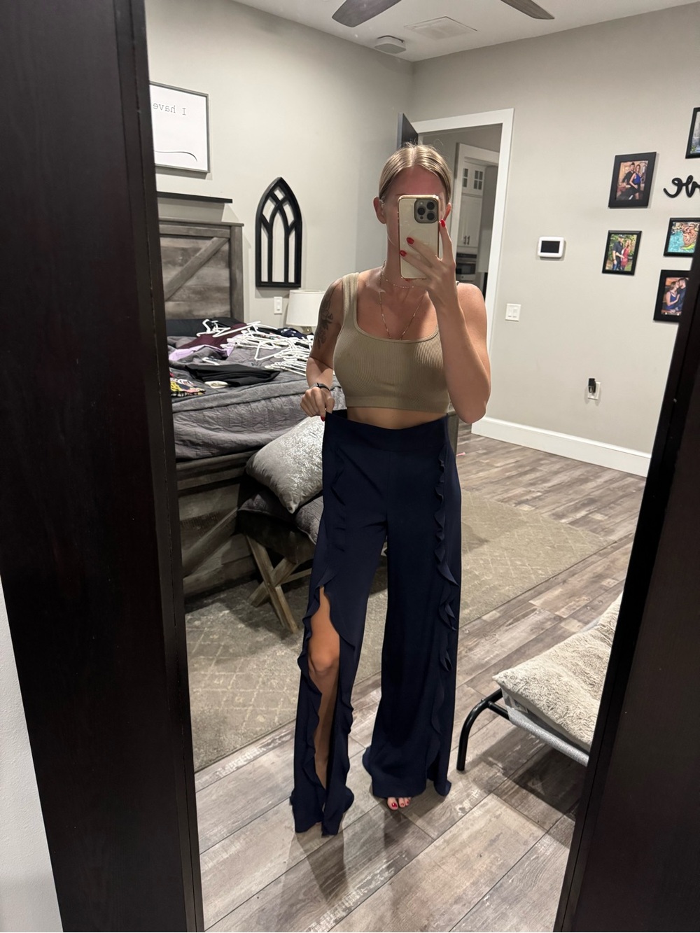 New York & Company Navy Wide-Leg Ruffle Split Pants
